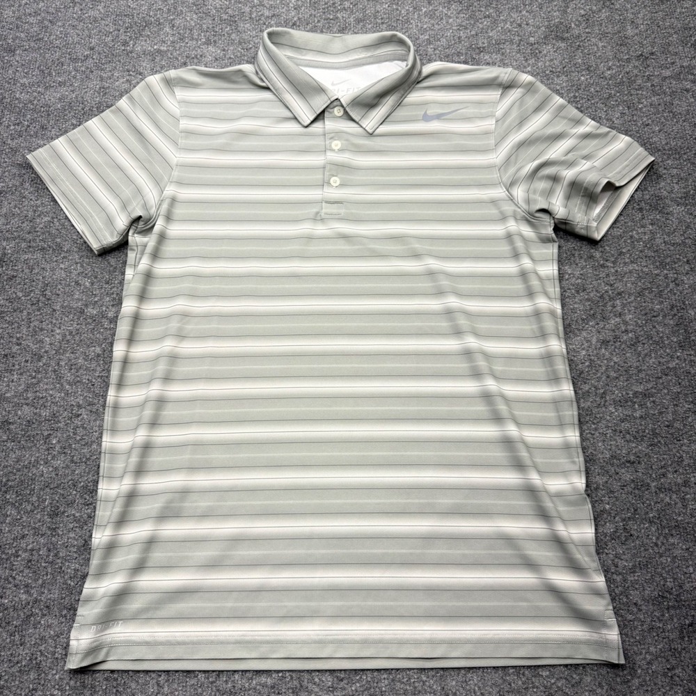 Nike Golf Dri-FIT Polo Shirt Mens Medium Grey White Striped Short Sleeve Sport